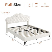 Sikaic Bed Frame Princess Velvet Upholstered Platform Bed Frame with Adjustable Crystal Button Headboard and RGB LED Lights Creamy White