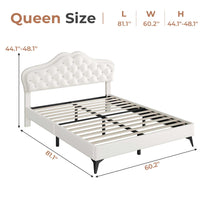 Sikaic Bed Frame Princess Velvet Upholstered Platform Bed Frame with Adjustable Crystal Button Headboard and RGB LED Lights Creamy White