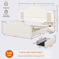 Sikaic Bed Frame PU Leather Upholstered Led Bed Frame with Storage Drawers Outlets & Nightstands White