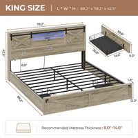 Sikaic Bed Frame Farmhouse King Size Wooden Platform Bed Frame with LED Lights and Charging Station Storage Drawers Sliding Barn Door Headboard Rustic Oak