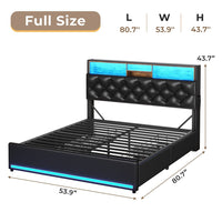 Sikaic Bed Frame Upholstered Platform Bed Frame with LED Lights & Charging Station Hidden Storage Headboard and 4 Drawers PU Black