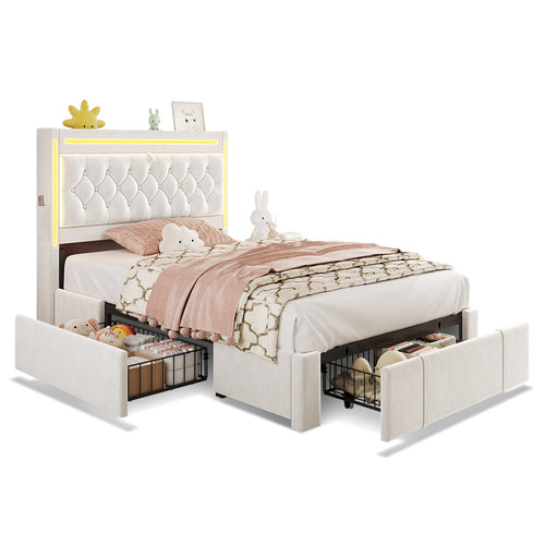 Sikaic Bed Frame Twin Size Upholstered LED Bed Frame Beige Beige / Engineered Wood / Modern