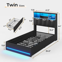 Sikaic Bed Frame Twin Size Bed Frame with Bookcase Headboard and Charging Station Black Black / Engineered Wood / Modern