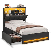 Sikaic Bed Frame Twin Size Bed Frame with Bookcase Headboard and Charging Station Black Black / Engineered Wood / Modern