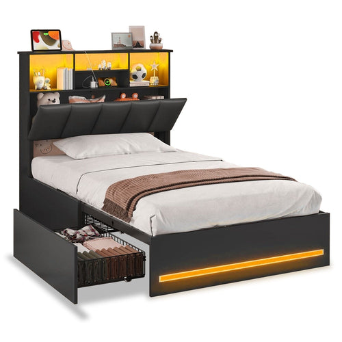 Sikaic Bed Frame Twin Size Bed Frame with Bookcase Headboard and Charging Station Black Black / Engineered Wood / Modern