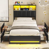 Sikaic Bed Frame Twin Size Bed Frame with Bookcase Headboard and Charging Station Black Black / Engineered Wood / Modern