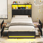 Sikaic Bed Frame Twin Size Bed Frame with Bookcase Headboard and Charging Station Black Black / Engineered Wood / Modern