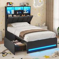 Sikaic Bed Frame Twin Size Bed Frame with Bookcase Headboard and Charging Station Black Black / Engineered Wood / Modern