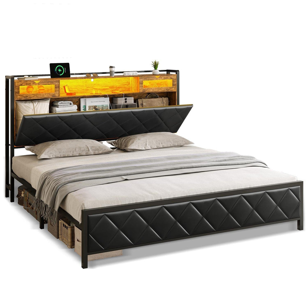 Sikaic Bed Frame LED King Size Platform Bed Frame Black Black / Faux Leather / Modern