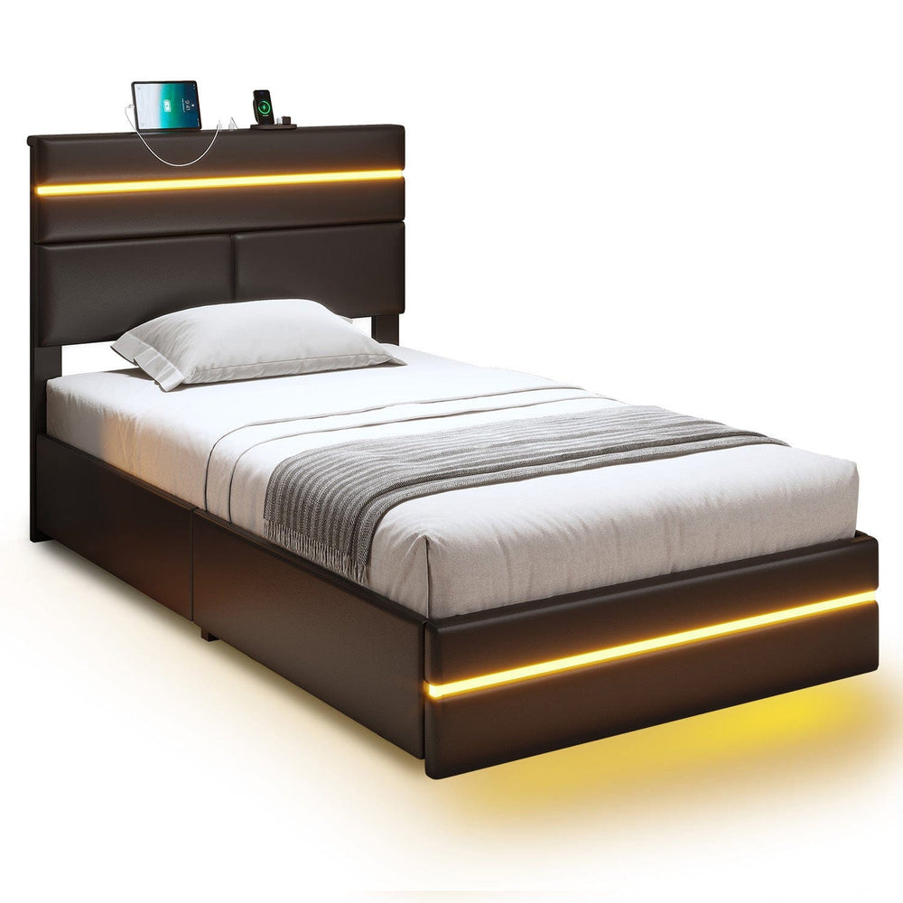 Sikaic Bed Frame Twin LED Bed Frame Black Black / Faux leather / Modern