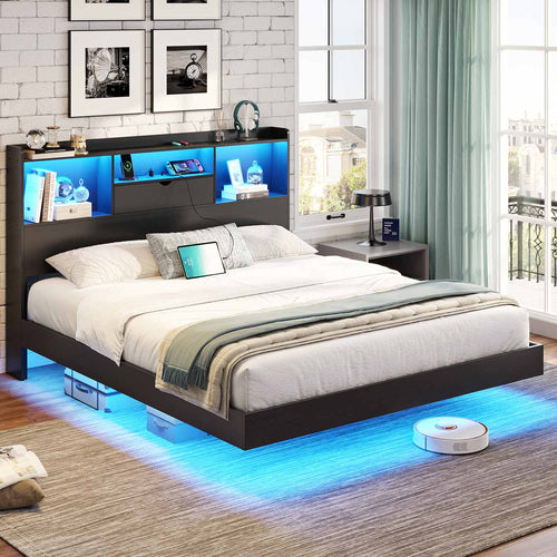 Sikaic Bed Frame Full Floating Bed Frame with LED Lights and Headboard Storage Black Black / Full / Engineered Wood