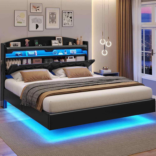 Sikaic Bed Frame RGB LED Floating Platform Bed Frame with Type-C Charging Station & Storage Headboard No Box Spring Needed PU Black Black / Full Size / PU Leather