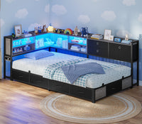 Sikaic Bed Frame Corner Bed Frame with Charging Station & Led Lights, Black & Gray Black & Gray / Fabric / 83.1 x 47.2 x 36.2 inches