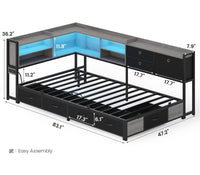 Sikaic Bed Frame Corner Bed Frame with Charging Station & Led Lights, Black & Gray Black & Gray / Fabric / 83.1 x 47.2 x 36.2 inches