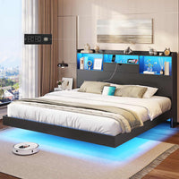Sikaic Bed Frame King Floating Bed Frame with LED Lights and Headboard Storage Black Black / King / Engineered Wood