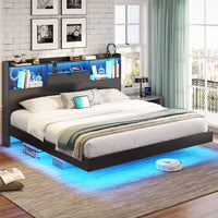 Sikaic Bed Frame King Floating Bed Frame with LED Lights and Headboard Storage Black Black / King / Engineered Wood