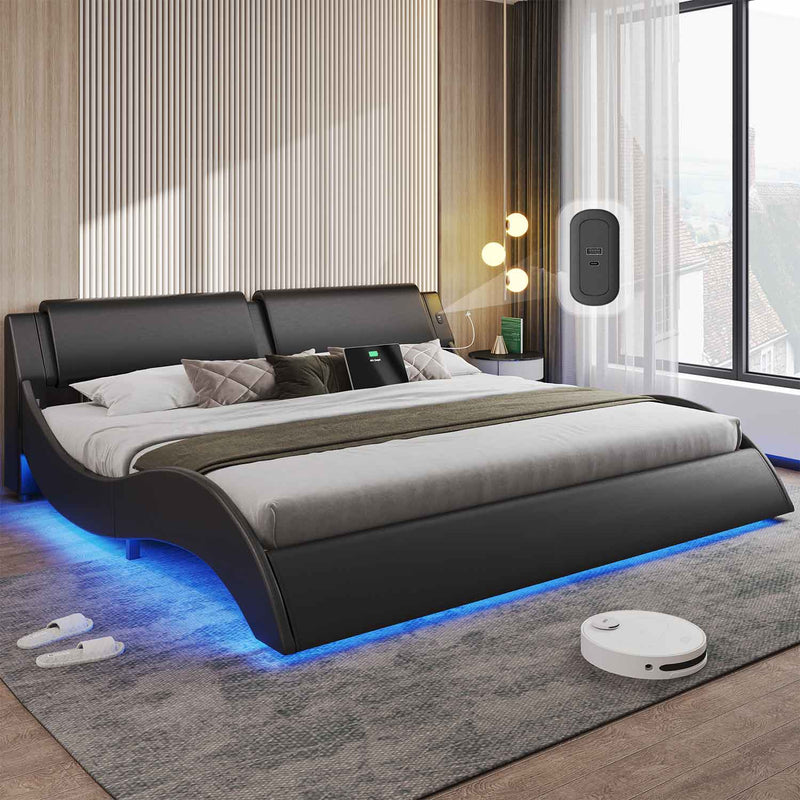 Wave Like Curve LED Lighting Bed Frame with Charging Ports and Headboard Black