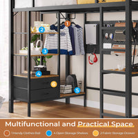 Sikaic Bed Frame LED Junior Loft Metal Twin Size Bed Frame with Desk Charging Station Drawers Storage Shelves and Safety Guard & Ladder No Box Spring Needed Black