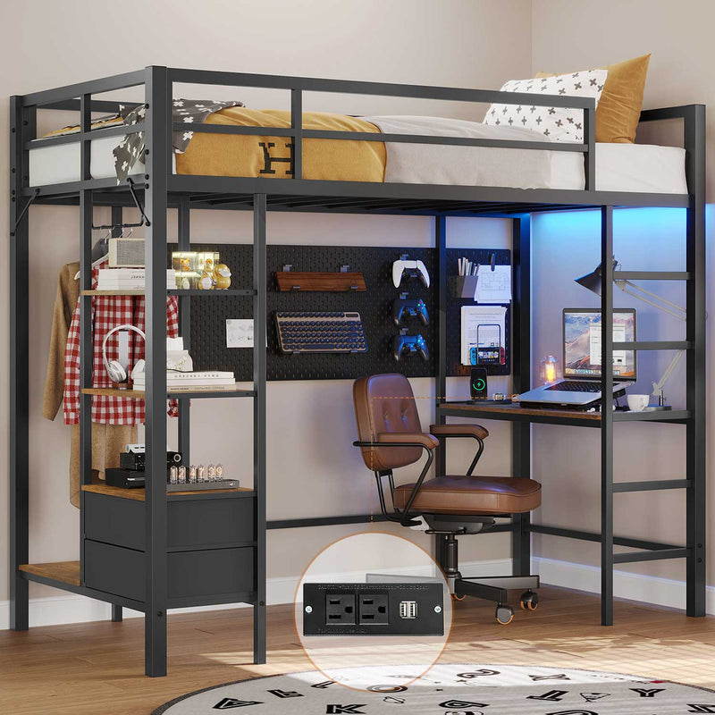Sikaic Bed Frame LED Junior Loft Metal Twin Size Bed Frame with Desk Charging Station Drawers Storage Shelves and Safety Guard & Ladder No Box Spring Needed Black
