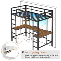 Sikaic Bed Frame LED Loft Metal Twin Size Bed Frame with U Shaped Desk Charging Station Drawers Storage Shelves and Safety Guard & Ladder No Box Spring Needed Black