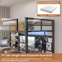 Sikaic Bed Frame LED Loft Metal Twin Size Bed Frame with U Shaped Desk Charging Station Drawers Storage Shelves and Safety Guard & Ladder No Box Spring Needed Black