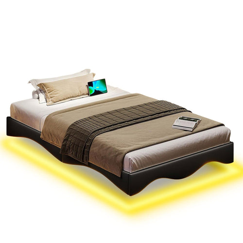 Sikaic Bed Frame Twin Size Floating Bed Frame with LED Lights and Type-C & USB Port Black Black / Metal / Modern
