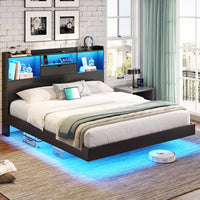 Sikaic Bed Frame Queen Floating Bed Frame with LED Lights and Headboard Storage Black Black / Queen / Engineered Wood
