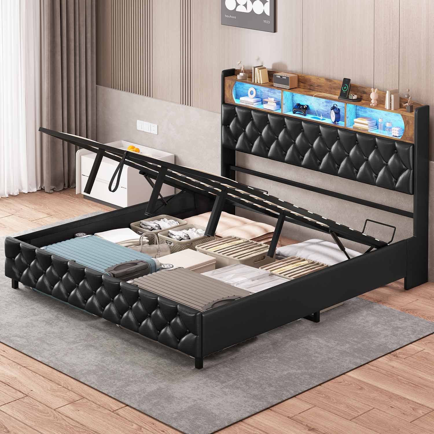 Sikaic Lift Up Storage Bed Frame with LED Outlets Black
