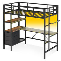 Sikaic Bed Frame LED Loft Metal Twin Size Bed Frame with L Shaped Desk Black Black / Twin / Metal