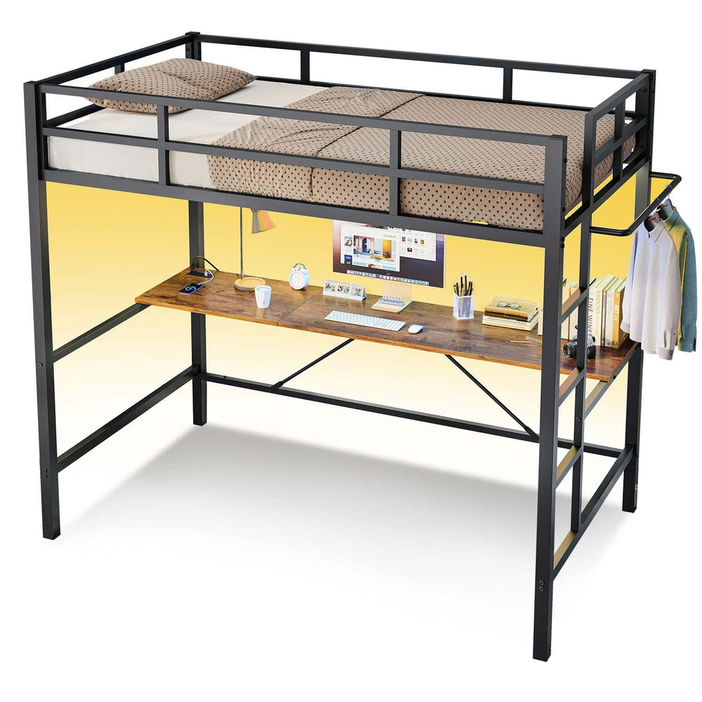Sikaic Bed Frame Twin Loft LED Bed Frame with Desk Black Black / Twin / Wood