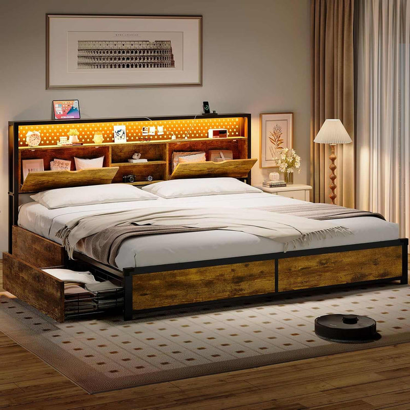 LED King Size Bed Frame with Storage Drawers & Headboard and Charging Station Brown