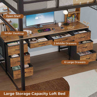 Sikaic Bed Frame Full Metal Loft LED Bed Frame with 8 Storage Drawers & Charging Station and 4 Open Storage Shelves Brown Brown / Full Size / Steel
