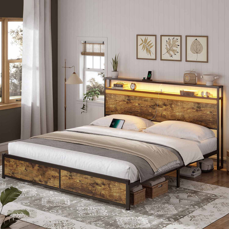 Sikaic Bed Frame King Size Metal Platform LED Bed Frame with Charging Outlets Storage Headboard Brown