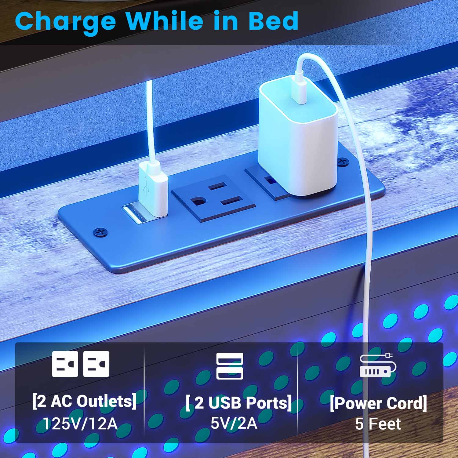 Sikaic King LED Bed Frame with Outlets Storage Brown