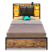 Sikaic Bed Frame Twin LED Bed Frame with Storage Headboard Black Brown / Twin / Engineered Wood