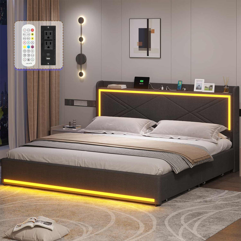 Sikaic Bed Frame Upholstered Platform King LED Bed Frame with Charging Station No Box Spring Needed Dark Grey