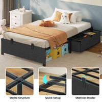Sikaic Bed Frame Twin Size Metal Platform Bed Frame with 2 Large Storage Drawers No Box Spring Needed Dark Grey & Black Dark Grey & Black / Metal / Modern
