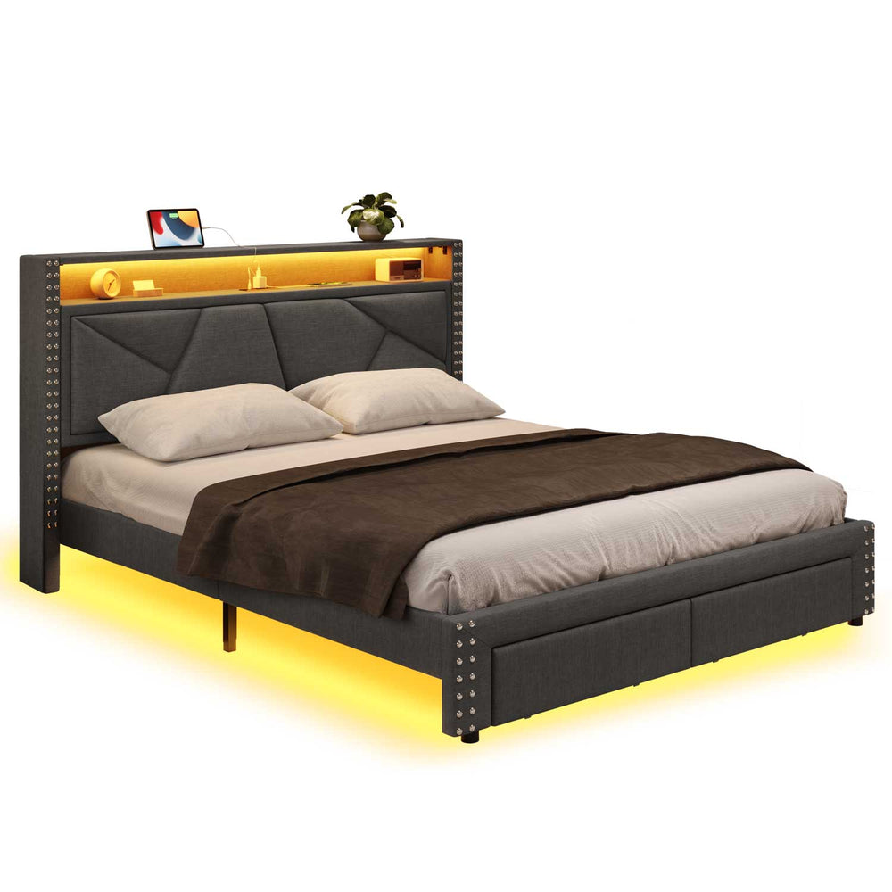 Sikaic Bed Frame Queen LED Bed Frame Dark Grey Dark Grey / Queen / Engineered Wood