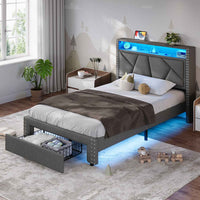 Sikaic Bed Frame Twin Size LED Upholstered Platform Bed Frame with Charging Station and Shelf Headboard & 2 Storage Drawers Dark Grey Dark Grey / Twin Size / Engineered Wood