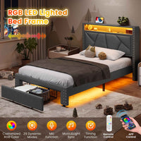 Sikaic Bed Frame Twin Size LED Upholstered Platform Bed Frame with Charging Station and Shelf Headboard & 2 Storage Drawers Dark Grey Dark Grey / Twin Size / Engineered Wood