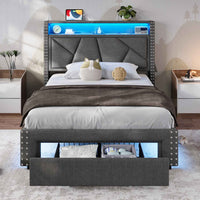 Sikaic Bed Frame Twin Size LED Upholstered Platform Bed Frame with Charging Station and Shelf Headboard & 2 Storage Drawers Dark Grey Dark Grey / Twin Size / Engineered Wood