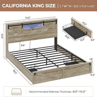 Sikaic Bed Frame Farmhouse King Size Wooden Platform Bed Frame with LED Lights and Charging Station Storage Drawers Sliding Barn Door Headboard Rustic Oak