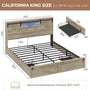 Sikaic Bed Frame Farmhouse King Size Wooden Platform Bed Frame with LED Lights and Charging Station Storage Drawers Sliding Barn Door Headboard Rustic Oak