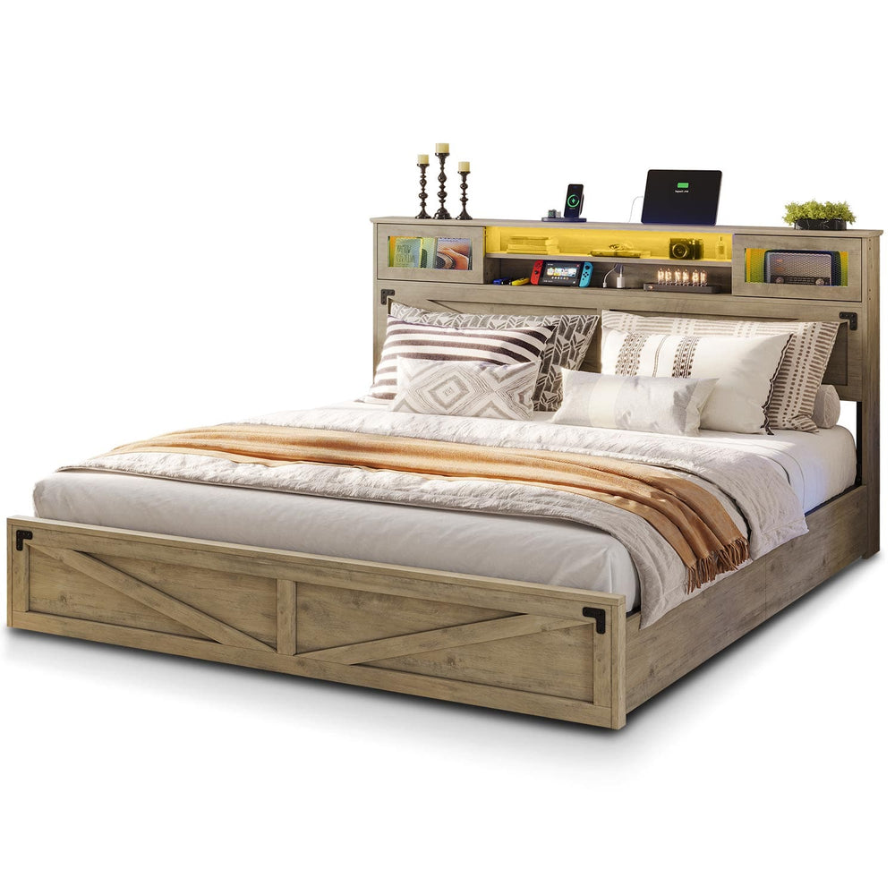 Sikaic Bed Frame Farmhouse LED Bed Frame Rustic Oak