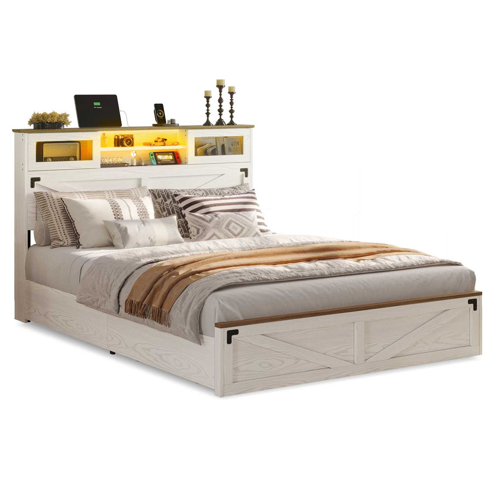 Sikaic Bed Frame Farmhouse LED Lights Bed Frame  White