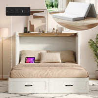 Sikaic Bed Frame Farmhouse Queen Murphy Bed with Storage Drawers & Charging Station Rustic White