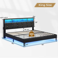 Sikaic Bed Frame Faux Leather LED Bed Frame with Outlets and Storage Headboard Black