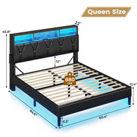 Sikaic Bed Frame Faux Leather LED Bed Frame with Outlets and Storage Headboard Black
