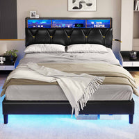 Sikaic Bed Frame Faux Leather LED Bed Frame with Outlets and Storage Headboard Black
