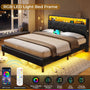 Sikaic Bed Frame Faux Leather LED Bed Frame with Outlets and Storage Headboard Black